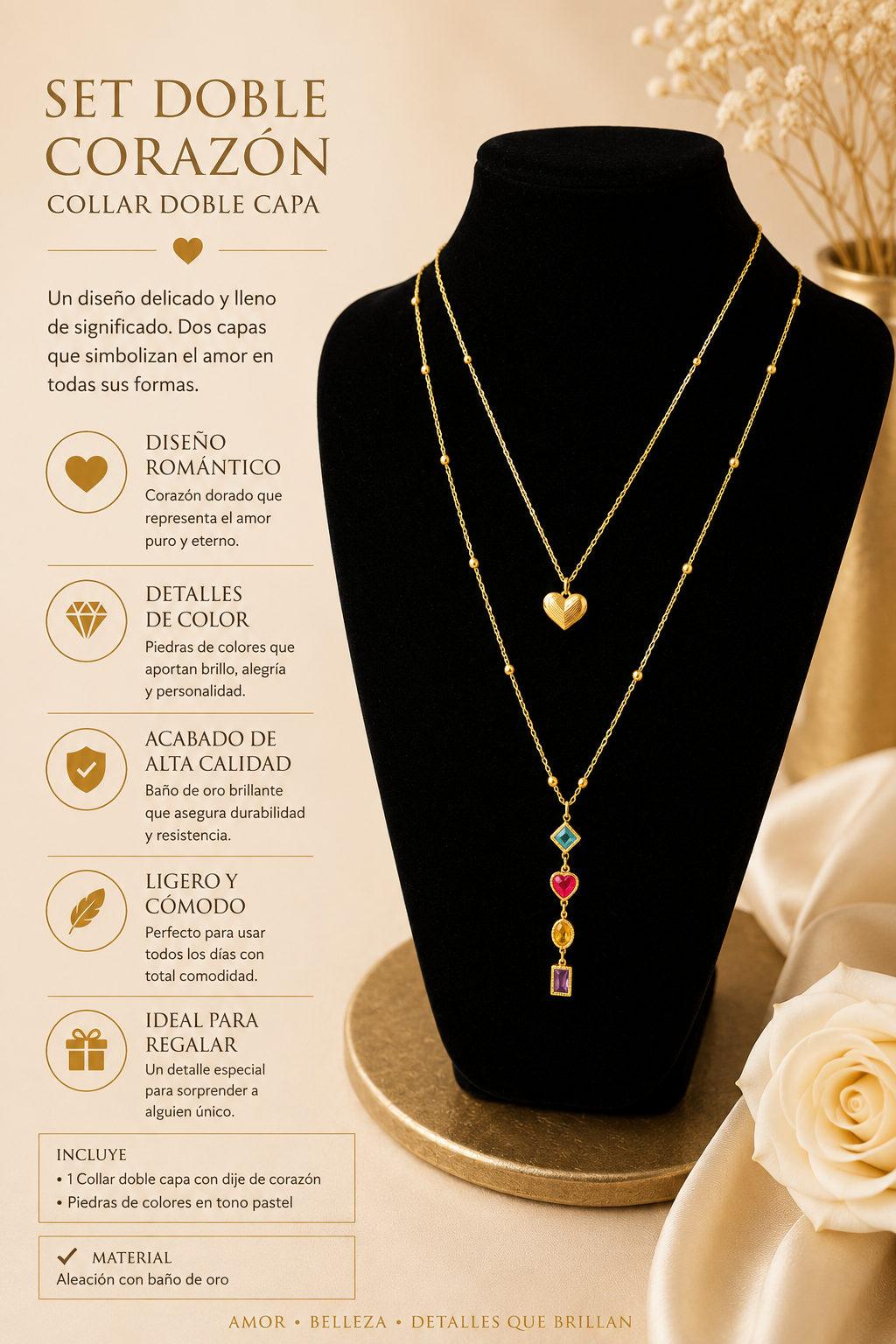 Set Doble Corazón Collar Doble Capa